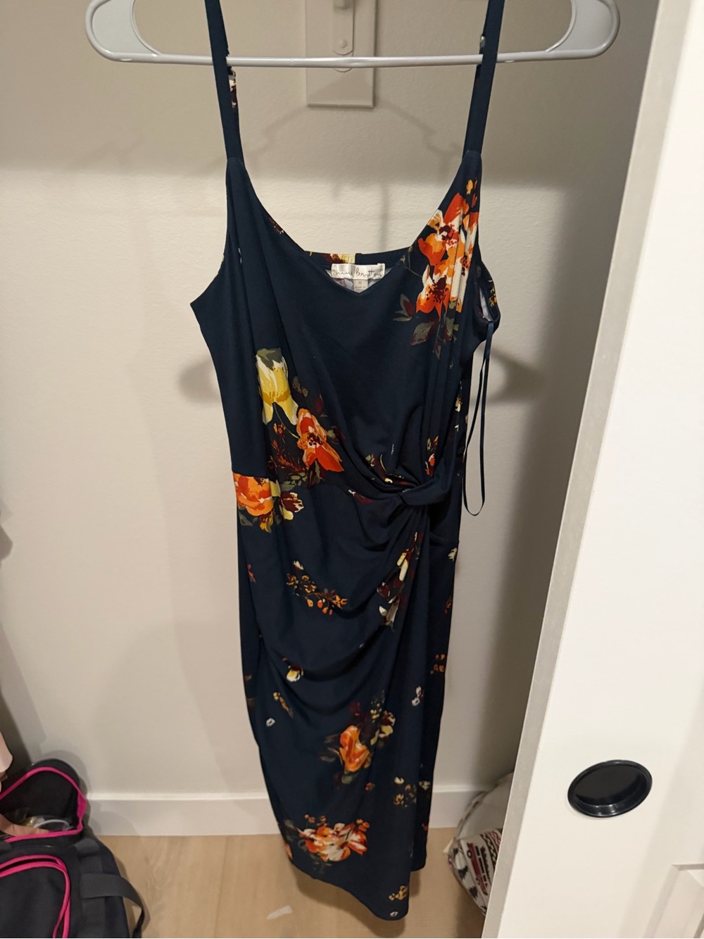 nine britton Navy Floral Midi Dress with Orange & Yellow Blooms